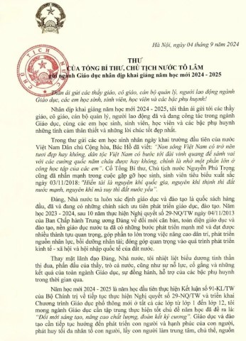 Thư của Tổng Bí thư, Chủ tịch nước Tô Lâm gửi ngành Giáo dục nhân dịp khai giảng năm học mới 2024-2025